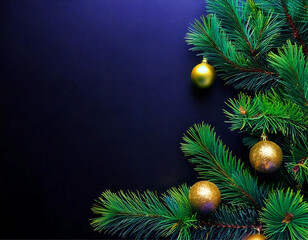 Detalhe de uma &aacute;rvore de Natal com bolas douradas com fundo azul. Com espa&ccedil;o para texto.