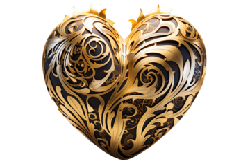 Intricate golden heart design with swirls, perfect for representing love and affection, isolated on a white background.