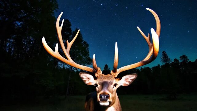 Mystical deer with crystal-clear antlers reflecting the stars in the dark sky.