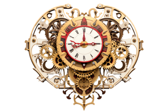 Intricate heart-shaped clock design featuring gears and ornate details, on a white isolated background.