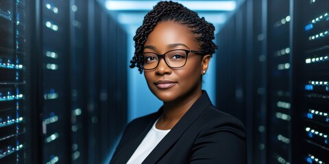 Fototapeta premium Confident Businesswoman in Data Center: Empowering Technology and Innovation