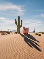 A whimsical and minimalist scene featuring a pig figurine beside a tall cactus in a desert landscape. The image conveys tranquility and creativity.