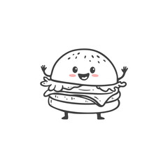 cartoon hamburger, cute burger, fast food character isolated on white. doodle style. Vector illustration