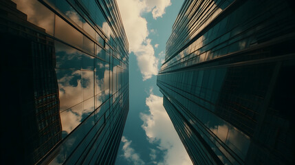 Two modern skyscrapers with reflective glass facades reaching towards a cloudy sky.