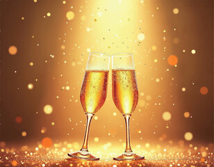 vector of two glasses of champagne on a gold background with gold glitters and bokeh lights on it