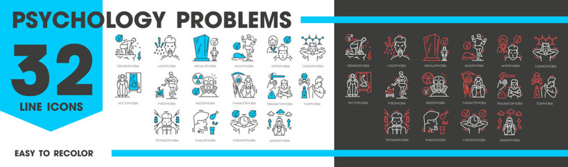 Psychology problems and human phobia icons of mental health care, vector pictograms. Phobia types of psychological disorder logophobia and traumaphobia with musophobia and radiophobia line icons