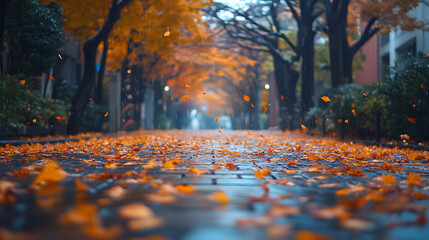 Wet pavement in a city street with fallen autumn leaves.
