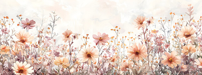 Watercolor painting of a field of peach and white flowers against a white background.