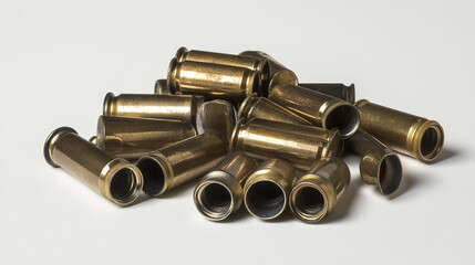 Brass Bullet Casings Pile Isolated on White Background