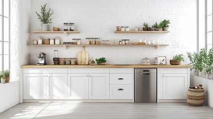 Sleek Scandinavian kitchen with white cabinets, open shelving, and wooden countertop, creating a simple yet functional space
