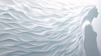 Fototapeta premium A Serene Figure With Flowing Hair Amidst Soft Waves of White Texture in a Dreamlike Atmosphere