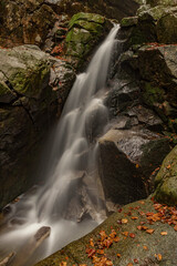 forest waterfall on Cerveny creek in Krkonose mountains on autumn rainy day