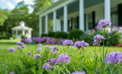 Purple Flowers Blooming in Front of a White House on a Sunny Day