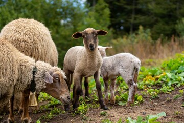 Obraz premium Brown lamb with a small group of sheep in a green forested area