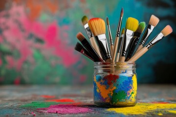 Fototapeta premium A colorful collection of art brushes in an artist's paintbrush jar