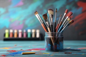 Fototapeta premium A colorful collection of art brushes in an artist's paintbrush jar
