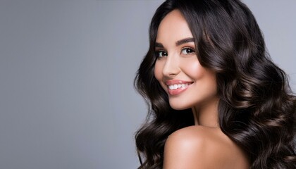 Fototapeta premium Beauty brunette girl with long shiny curly hair . Beautiful smiling woman model wavy hairstyle .