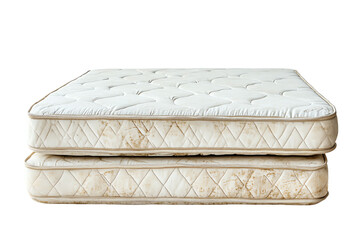 Old, dirty mattress stacked on top of a clean one, showcasing a contrast in condition.