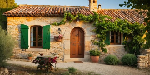 Obraz premium Rustic stone cottage, sun-drenched facade, vibrant green shutters, arched wooden door, terracotta roof tiles, climbing ivy, potted plants, Mediterranean style, warm evening light, charming countryside
