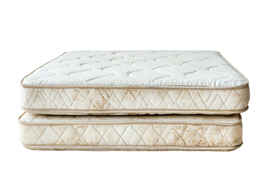 Old, dirty mattress stacked on top of a clean one, showcasing a contrast in condition.