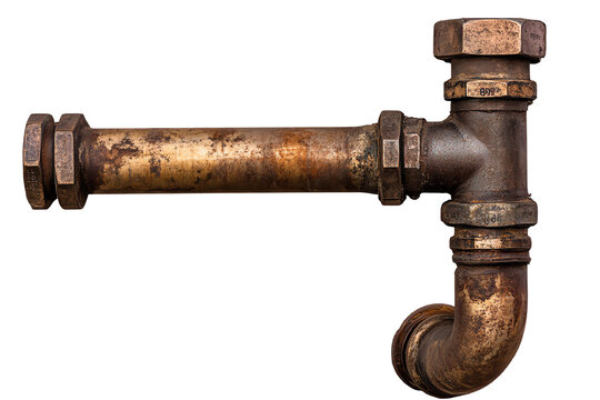 Old rusty pipe fitting with nuts on a white isolated background.