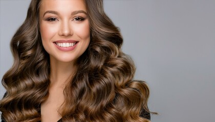 Naklejka premium Beauty brunette girl with long shiny curly hair . Beautiful smiling woman model wavy hairstyle .