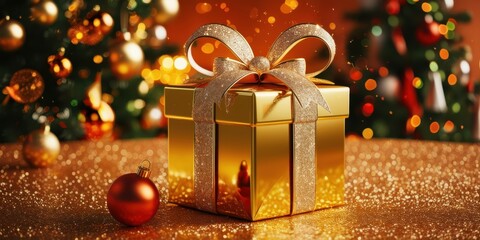 Christmas gift box, golden wrapping paper, red ribbon bow, glittering background, ornaments, blurred Christmas tree, warm lighting, festive atmosphere, bokeh effect, close-up shot, shallow depth of fi
