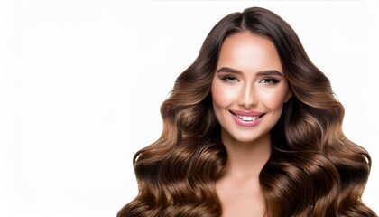 Fototapeta premium Beauty brunette girl with long shiny curly hair . Beautiful smiling woman model wavy hairstyle .