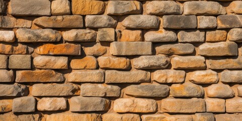 Obraz premium Ancient stone wall, weathered sandstone blocks, textured masonry, warm golden tones, irregular patterns, rustic architecture, historic fortress, sunlit surface, rough-hewn stonework, archaeological de