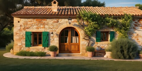 Fototapeta premium Rustic stone cottage, sun-drenched facade, vibrant green shutters, arched wooden door, terracotta roof tiles, climbing ivy, potted plants, Mediterranean style, warm evening light, charming countryside