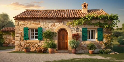 Fototapeta premium Rustic stone cottage, sun-drenched facade, vibrant green shutters, arched wooden door, terracotta roof tiles, climbing ivy, potted plants, Mediterranean style, warm evening light, charming countryside