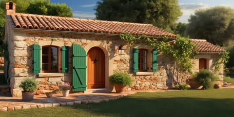 Obraz premium Rustic stone cottage, sun-drenched facade, vibrant green shutters, arched wooden door, terracotta roof tiles, climbing ivy, potted plants, Mediterranean style, warm evening light, charming countryside