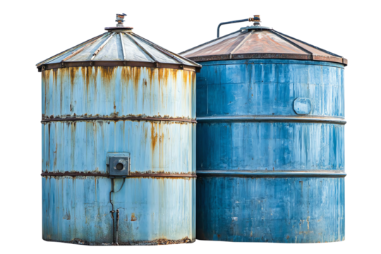 Rusty blue industrial storage tanks isolated on white background.