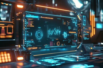 Futuristic holographic interface displaying data and information, set in an advanced space station or laboratory environment.