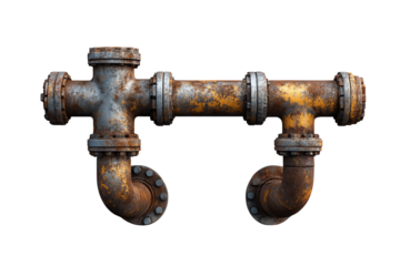 Rusty industrial pipe fitting with flanges, isolated on white background.