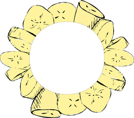 Round yellow frame made of graphic banana slices. Vector illustration. Suitable for print, social media and backdrops.