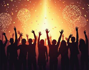 vector of a group of people standing in front of a colorful background with fireworks and confetti