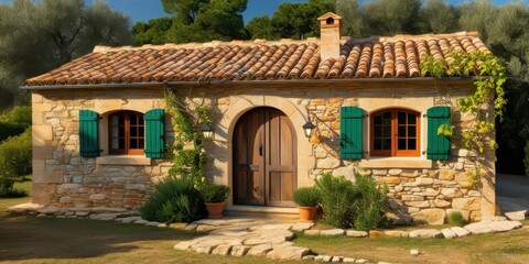 Obraz premium Rustic stone cottage, sun-drenched facade, vibrant green shutters, arched wooden door, terracotta roof tiles, climbing ivy, potted plants, Mediterranean style, warm evening light, charming countryside