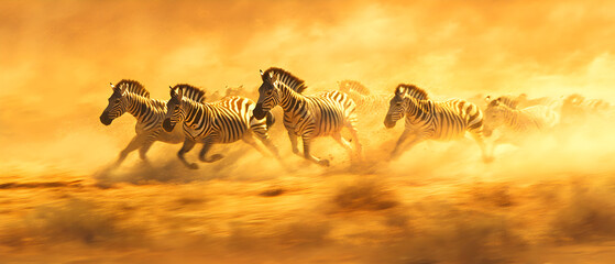 A herd of zebras running through a dusty savanna at sunset.