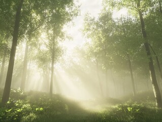 Obraz premium Serene sunrise in a lush forest wrapped in gentle mist a tranquil nature escape