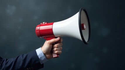 Hand holding red and white megaphone on background with free space for text
