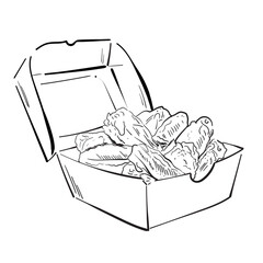 Chicken wings deep fried sketch hand drawn in doodle style. Outline for cafe, restaurant, menu, street food. Line drawing