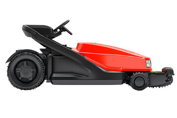Fototapeta premium Side view of a modern, sleek red ride-on lawn mower on a white isolate background.
