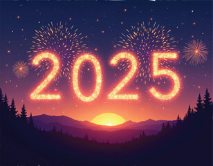 vector of a poster for the new year with fireworks and sparklers in the sunset sky background
