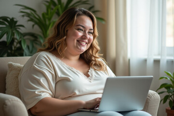 Naklejka premium a plump woman in a light tunic with light brown wavy hair flowing down to her shoulders works at home on a laptop
