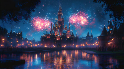 A magical night at a fairytale castle with fireworks exploding over the water and crowds of people gathered to watch.