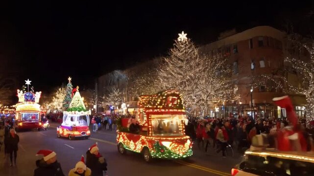 A festive Christmas parade with floats decorated with lights, Santa Claus waving, and cheerful holiday music filling the streets.