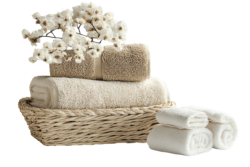 Soft towels stacked in a woven basket with delicate flowers, elegant bathroom decor for relaxation and comfort.