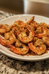 Crispy Baked Shrimp Served on a White Plate With a Sprinkle of Herbs in a Cozy Kitchen Setting