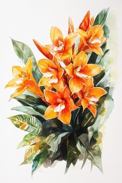 Vibrant Watercolor Painting of Orange Cana Lilies with Lush Green Foliage. French Guiana Armistice Day
